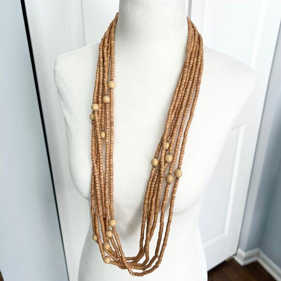 New Shine Tan Beaded Multistrand Earthy Tropical Beachy Statement Necklace - Picture 1 of 3